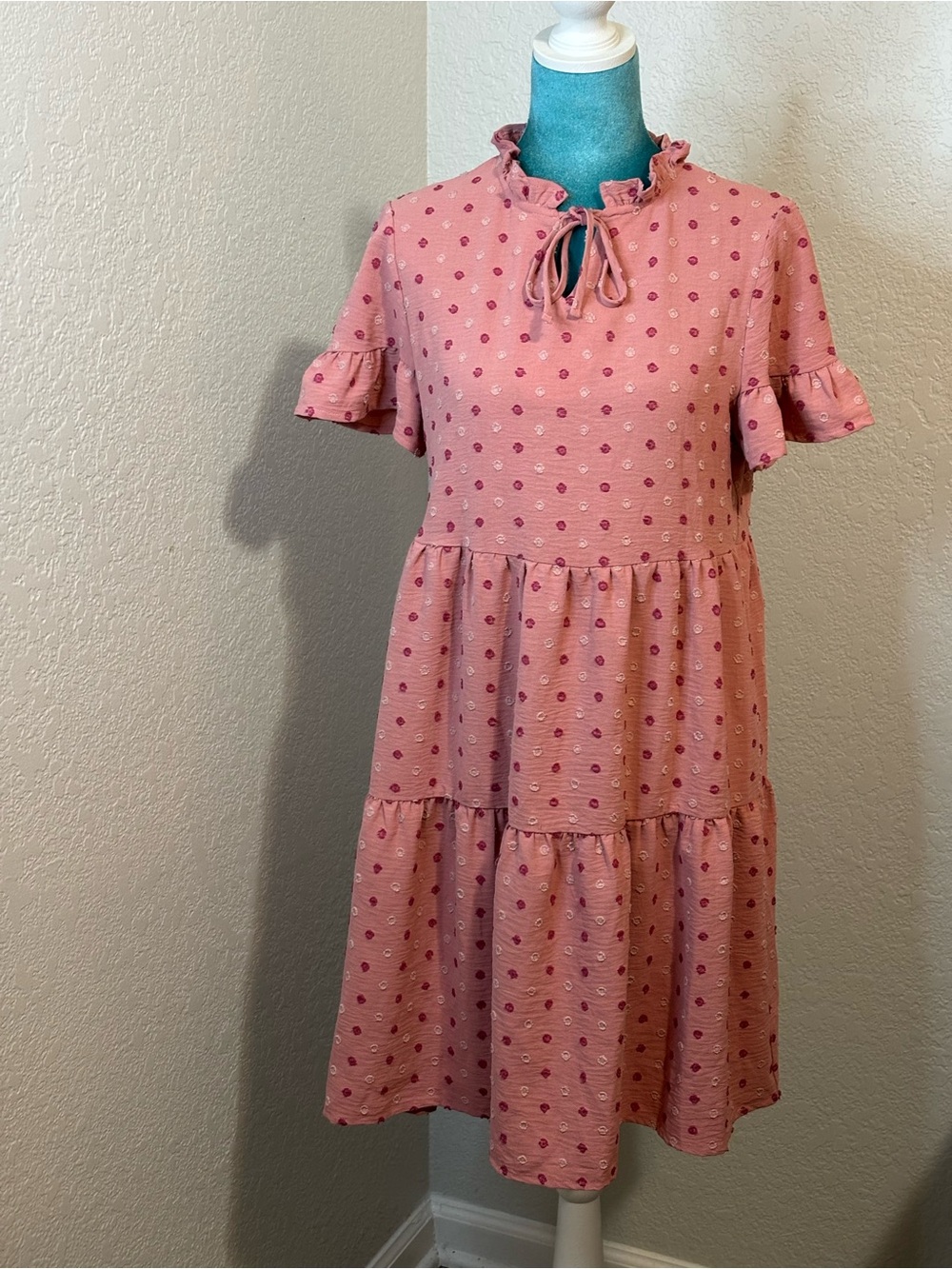 Joie de Vivre Rose Pink Textured Polka Dot Tiered Mini Dress Small Boho Cottage